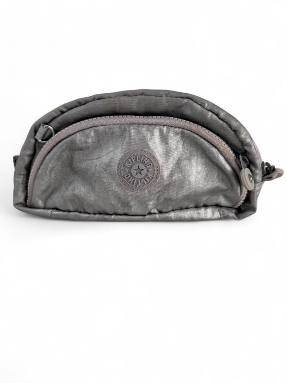 KIPLING METALLIC SILVER GRAY HALF MOON ZIP AROUND NYLON COSMETIC POUCH